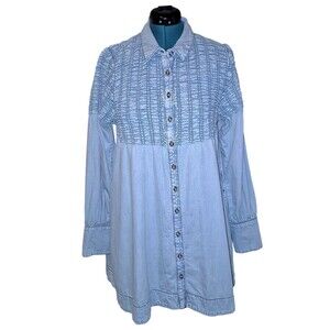 Free People Denim Find Me Now Mini Dress Buttons Smocked Glacier Blue L Western